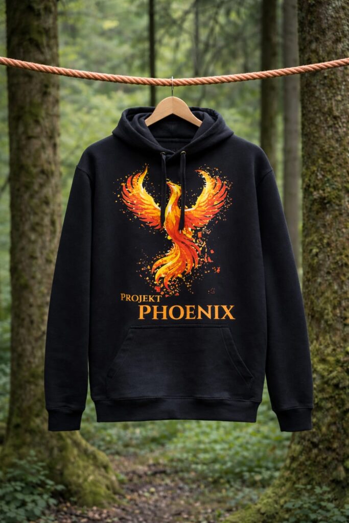 Schwarzer Phoenix Hoodie mit dem Phoenix-Motiv, aufgehängt an einem Seil im Wald