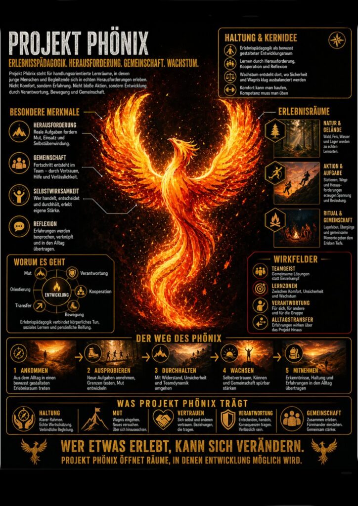 Vorschau des Phoenix-Posters mit Haltung, Kernidee, Erlebnisräumen und dem Weg des Phoenix